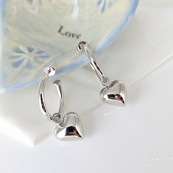 NEW Sterling Silver Hoops with 3-D Heart Charms - Picture 2 of 9